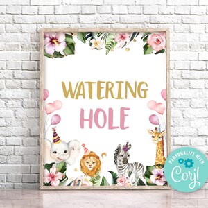 Watering Hole Safari Birthday Sign, Wild Animals Watering Hole Sign, Printable Safari Table Decor, Wild One Zoo Party Jungle 0130