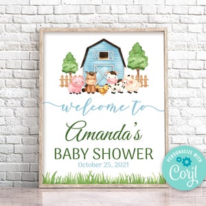 Editable Farm Baby Shower Welcome sign Farm Animals Welcome sign Blue Farm Baby Shower Sign Template Boy Barnyard Welcome sign 0227