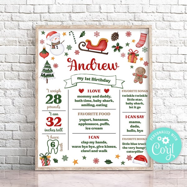 Editable Christmas Birthday Party Milestone Poster Winter Onederland Birthday Sign Christmas 1st Birthday Stats Board First Year Poster 0210