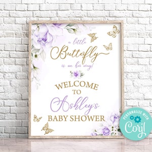 Editable Butterfly Baby Shower Welcome Sign Purple Floral Butterfly Welcome Sign Butterfly Baby Shower Sign Gold Butterfly Welcome Sign 0164
