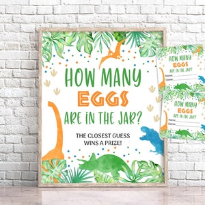 Blue Orange Dinosaur Guess How Many Eggs Game Sign Dino Eggs Birthday Game Dinosaur How Many Eggs are in the Jar Game T-Rex Guess Game 0109