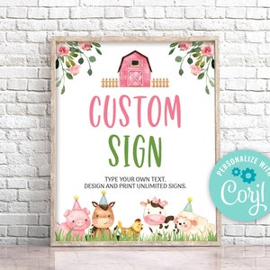EDITABLE Farm Birthday Table Sign, Custom Farm Animals Sign. Pink Farm Birthday Party Sign Template, Girl Barnyard Birthday Decorations 0106