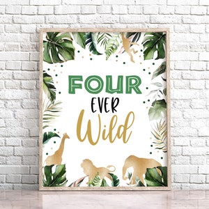 Four Ever Wild Safari Birthday Sign, Gold Animals 4th Birthday  Table Sign, Printable Safari Table Decor, Party Animals Decor Sign 0101