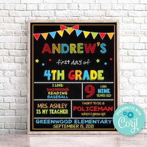 First Day Of School Sign, Editable First Day of Fourth Grade Sign, First Day of 4th Grade Sign Chalkboard Any Grade Instant Download