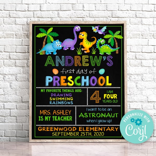 Editable First Day of Preschool Sign, Dinosaur First Day of School Sign, Chalkboard T-Rex First Day Of Preschool Sign Instant Download