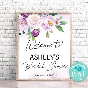 Editable Purple Floral Bridal Shower Welcome sign, Lilac Bridal Shower Sign, Lavender Bridal Shower Sign Template Violet Printable Sign 0128
