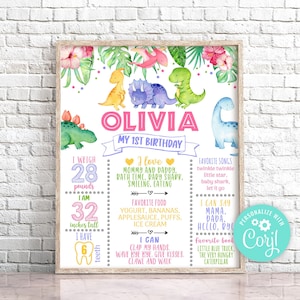 Poster di compleanno di pietra miliare del dinosauro ragazza modificabile, segno di pietra miliare del compleanno di Safari Dino, festa preistorica del primo compleanno di dinosauro T-Rex 0135