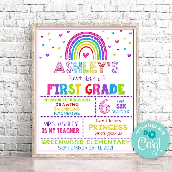 Editable First Day of 1st Grade Sign, Rainbow First Day of School Sign, Rainbow First Day Of First Grade Sign Prop Instant Download 0141