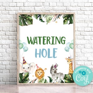 Watering Hole Safari Birthday Sign, Wild Animals Watering Hole Sign, Printable Safari Table Decor, Wild One Zoo Party Jungle 0130