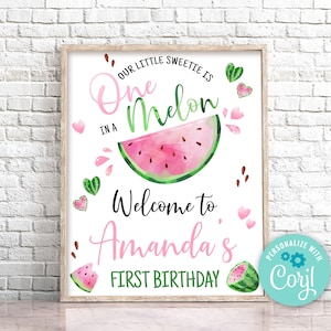 Panneau de bienvenue de pastèque modifiable, Pink One in a Melon Welcome Sign EDITABLE Welcome Watermelon Poster, Pink Watermelon Birthday Party 0118
