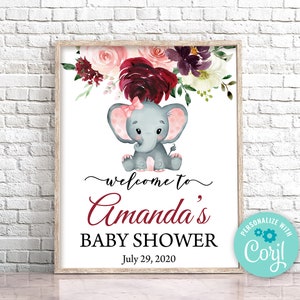 Signo de bienvenida editable de elefante baby shower, signo de bienvenida de elefante, plantilla de signo de baby shower de niña, signo de bienvenida de elefante floral de Borgoña 0167