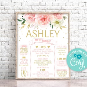 Editable Floral Blush Milestone Birthday Poster, Blush and Gold First Birthday Milestone Sign, Pink and Gold 1st Birthday Poster, 0104