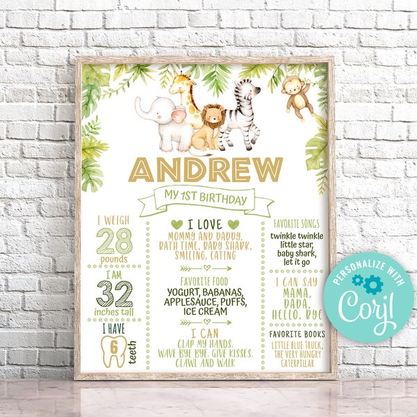 Editable Safari Animals Birthday Milestone Sign, Jungle Milestone Birthday Poster, Wild One First Birthday Zoo Jungle Party 0107