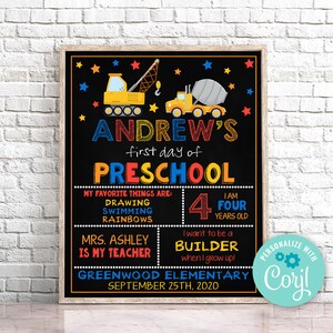 Editable First Day of Preschool Sign, Dump Truck First Day of School Sign Chalkboard First Day Of Kindergarten Sign Instant Download