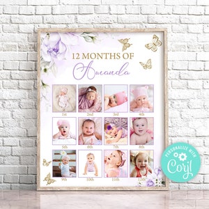Editable Purple Gold Butterfly First 12 Months Photo Collage Lilac and Gold Butterfly First Birthday Photo Collage 1st Birthday Poster 0164