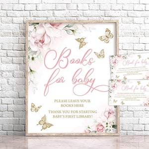 Vlinder baby shower boeken voor baby teken roze en gouden bloemen vlinder boeken voor baby shower strooi teken eerste baby's bibliotheek 0162