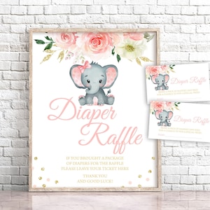 Pink Elephant Diaper Raffle Sign Pink Elephant Diaper Raffle Card Elephant Baby Shower Diaper Raffle Sign Girl Sign and Raffle Ticket 0167