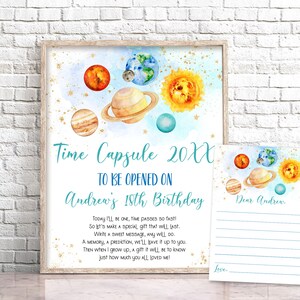 Editable Outer Space Birthday Time Capsule Galaxy Time Capsule Sign Planets Solar System Birthday Party Gold Galaxy Birthday Decoration 0142