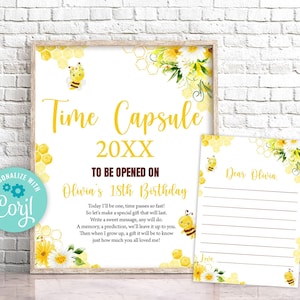 Editable Bee Birthday Time Capsule Floral Bumble Bee Time Capsule Sign Honey Bee Birthday Party Decorations 0148