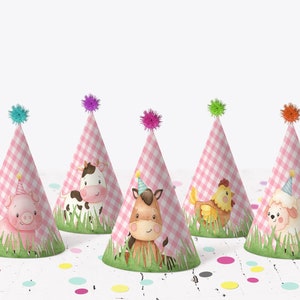 Farm Printable Birthday Party Hats Pink Farm Animals Party Hats Farm Birthday Cow Pig Sheep Farm Decoration Girl Barnyard Birthday 0106