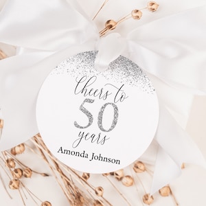 EDITABLE Cheers to 50 Years Favor Tag Silver Glitter Favor Tag 50th Birthday Favor Tag Cheers to 50 Years Sticker Anniversary Tag 0171
