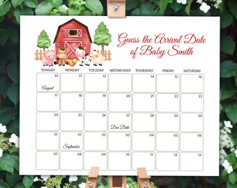 May include: A printable baby shower game with a farm theme. The game asks guests to guess the arrival date of Baby Smith. The game features a calendar with August and September dates and a red barn with farm animals.