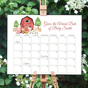 Editable Farm Guess Baby Due Date Calendar Boy Red Barnyard Guess Baby&#39;s Birthday Template Farm Animals Due Date Game Baby Prediction 0106