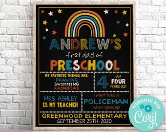 Editable First Day of Preschool Sign, Boho Rainbow First Day of School Sign Chalkboard First Day Of Kindergarten Sign Instant Download 0141