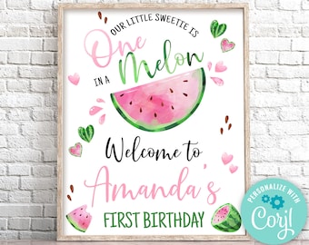 Cartel de bienvenida de cumpleaños con sandía editable, primer cumpleaños en rosa (descarga digital)