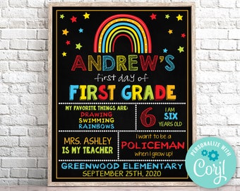 Editable First Day of 1st Grade Sign, Rainbow First Day of First Grade Sign, Chalkboard First Day of School Sign Instant Download 0141