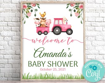 Panneau de bienvenue pour baby shower sur le thème de la ferme rose, modèle modifiable