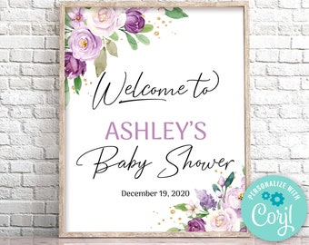 Editable Purple Floral Baby Shower Welcome sign, Lilac Baby Shower Sign, Girl Baby Shower Sign Template, Lavender Welcome Sign 0128