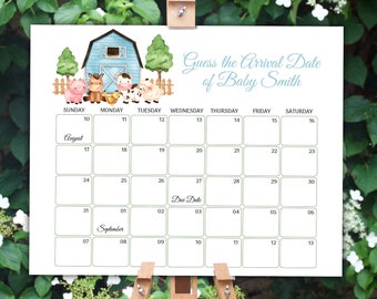 May include: A printable baby shower game featuring a watercolor illustration of a barn and farm animals. The game asks guests to guess the arrival date of Baby Smith. The game includes a calendar with August and September dates.
