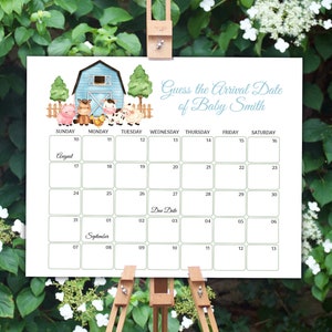 Editable Farm Guess Baby Due Date Calendar Boy Blue Barnyard Guess Baby&#39;s Birthday Template Farm Animals Due Date Game Baby Prediction 0227