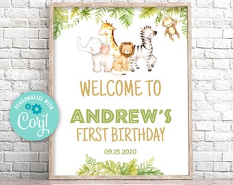 Safari Animals Birthday Welcome Sign, Jungle Theme (Editable Download)