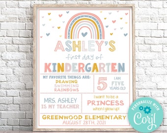 Editable First Day of Kindergarten Sign, Boho Rainbow First Day of School Sign, Rainbow First Day Of Kindergarten Sign Instant Download 0141
