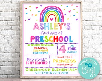 Editable Back to School Sign First Day of Preschool Sign Rainbow First Day of School Sign School Photo Prop Instant Download 0141