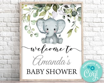 Welkomstbord voor een babyshower met olifantenmotief en groen (bewerkbare sjabloon)