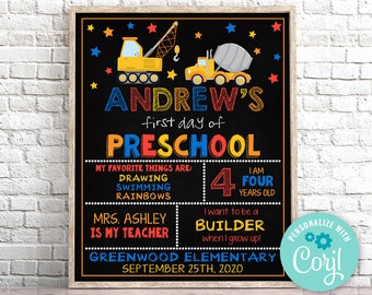 Editable First Day of Preschool Sign, Dump Truck First Day of School Sign Chalkboard First Day Of Kindergarten Sign Instant Download