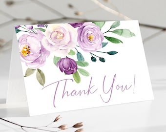 Editable Purple Floral Folded Thank You Card Lilac Baby Shower Thank You Lavender Floral Thank You Card Girl Purple Birthday Thank You 0128