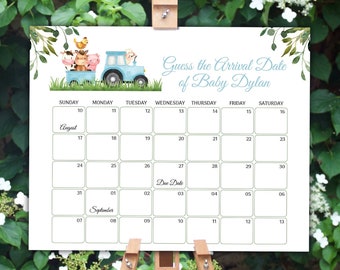 May include: A printable baby shower game featuring a calendar with a farm animal theme. The calendar is for guessing the arrival date of Baby Dylan. The due date is marked on the calendar.