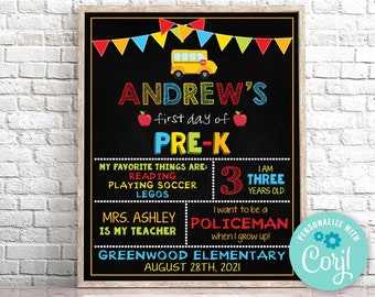 Editable Back to School Sign First Day of Pre-K Sign Personalized First Day of School Sign School Photo Prop Instant Download 0150