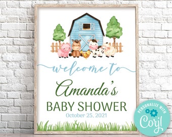 Editable Farm Baby Shower Welcome sign Farm Animals Welcome sign Blue Farm Baby Shower Sign Template Boy Barnyard Welcome sign 0227