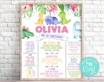 Girl Dinosaur 1st Birthday Milestone Poster, Editable Dino Sign (Digital Download)