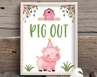 Pig Out Farm Birthday Table Sign, Pig Out Table Sign Farm Animals Birthday Decorations, Girl Barnyard Sign, Pink Farm Buffet Sign 0106