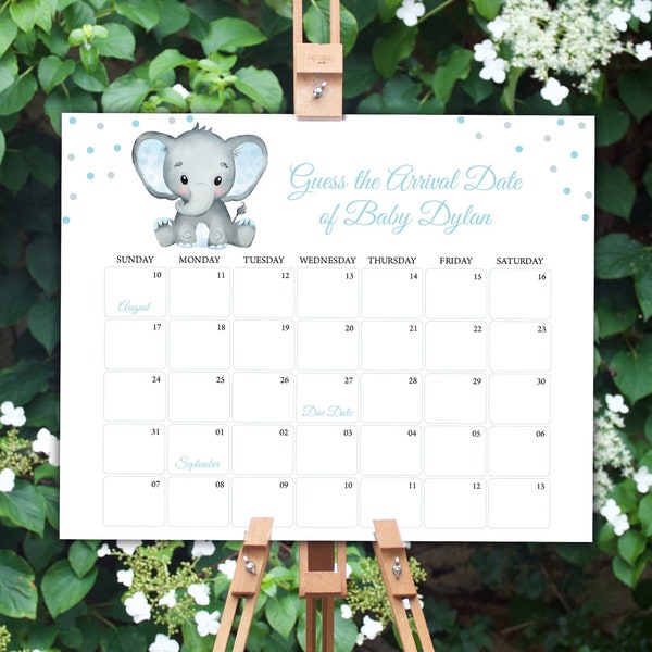 Editable Elephant Guess Baby Due Date Calendar Boy Elephant Guess Baby's Birthday Template Blue Elephant Due Date Game Baby Prediction 0166