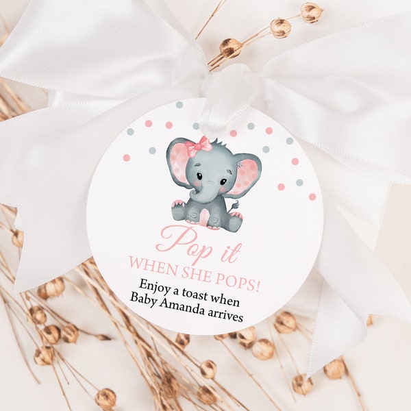 EDITABLE Elephant Pop It When She Pops Mini Champagne Favor Tag Pink Elephant Baby Shower Champagne Tag Girl Elephant Mini Wine Tag 0166