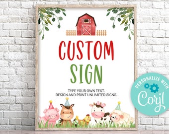 EDITABLE Farm Birthday Table Sign, Farm Animals Sign. Red Farm Birthday Party Sign Template, Boy Barnyard Birthday Decorations 0106