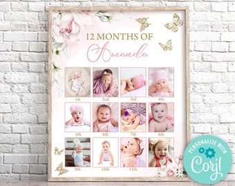 Editable Pink Gold Butterfly First 12 Months Photo Collage Blush and Gold Butterfly First Birthday Photo Collage 1st Birthday Poster 0162