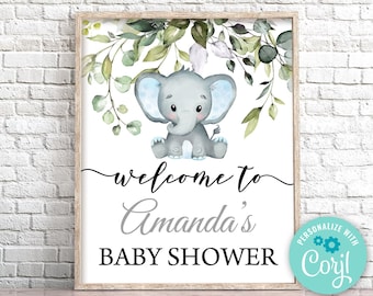 Welkomstbord voor een babyshower met olifantenmotief en groen (bewerkbare sjabloon)